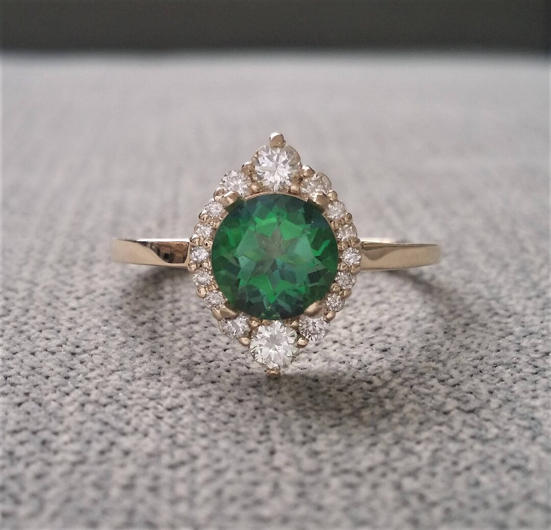 Green Topaz Diamond Engagement Ring Halo Bohemian Art Deco - Etsy