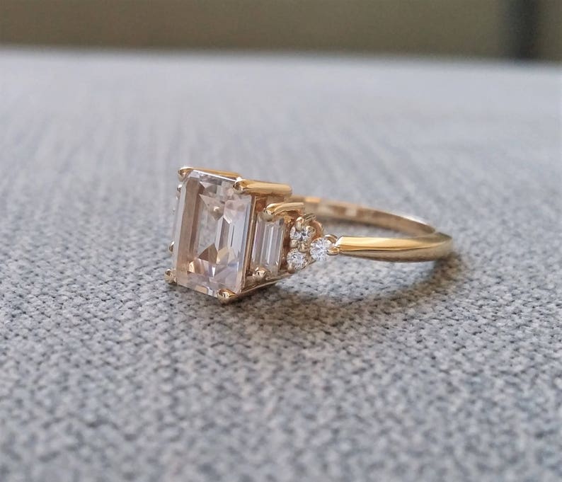 Antique White Sapphire Diamond Engagement Ring Emerald Cut Baguette Classic Yellow Gold timeless PenelliBelle Exclusive The Margo image 2