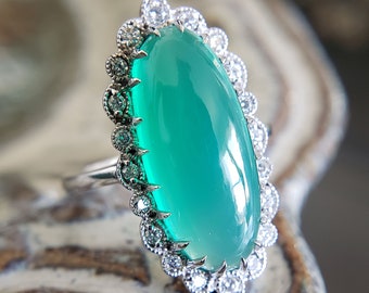 Rare Gem Silica Chalcedony and Diamond Halo Antique Healing Crystals white gold emerald bohemian "The Hugo"