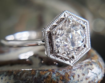 Old European Cut Moissanite Engagement Ring Art Deco Antique Wedding Ring "the Gatsby "