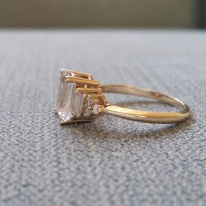 Antique White Sapphire Diamond Engagement Ring Emerald Cut Baguette Classic Yellow Gold timeless PenelliBelle Exclusive The Margo image 3