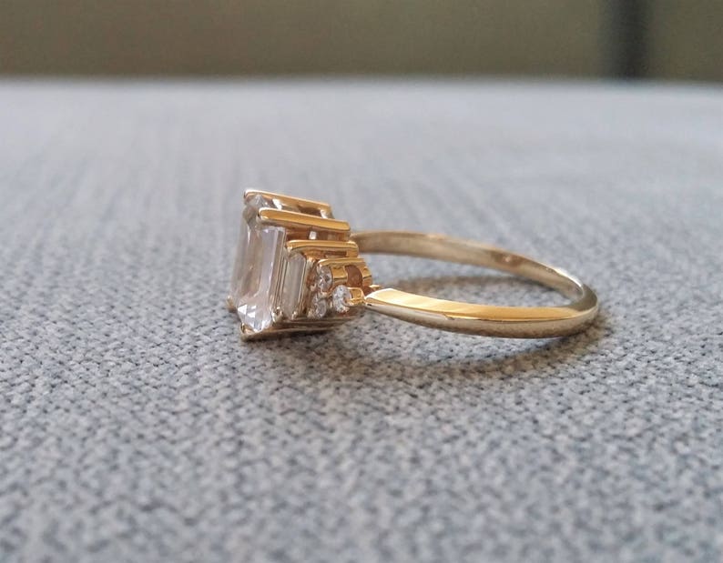 Antique White Sapphire Diamond Engagement Ring Emerald Cut Baguette Classic Yellow Gold timeless PenelliBelle Exclusive The Margo image 3