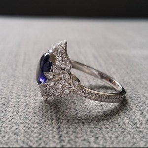 Antique Iolite Diamond Ring Gemstone Engagement Ring Violet Cabochon Leaf Estate Norwegian Viking Compass Oval 14K White Gold The Edith image 4