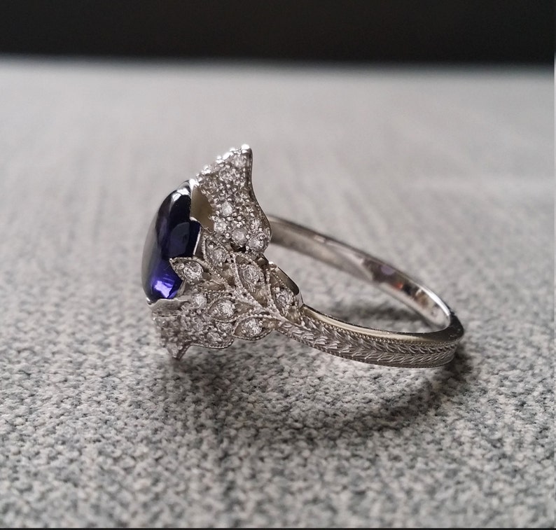 Antique Iolite Diamond Ring Gemstone Engagement Ring Violet Cabochon Leaf Estate Norwegian Viking Compass Oval 14K White Gold The Edith image 4