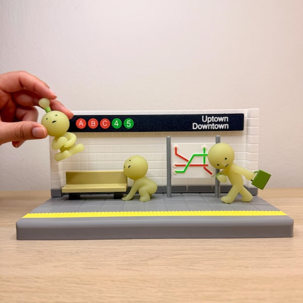 Custom Smiski Subway Diorama Display – NYC Platform Scene, Personalized Station & Line Sign, Desk Decor