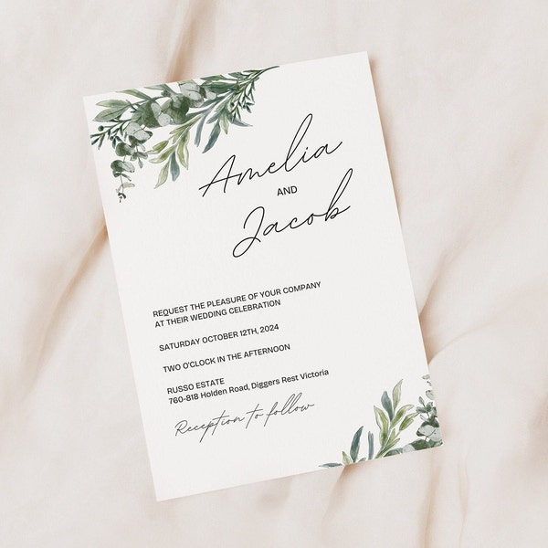 Eucalyptus wedding invitation template, DIY minimalistic invite, editable instant download, printable greenery 5x7 HGDS001