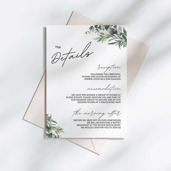 Eucalyptus custom wedding event DETAILS template, invitation, DIY stationary, instant download, greenery HGDS001