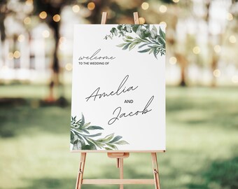 Plantilla de signo de bienvenida para evento de boda de eucalipto, papelería de boda DIY, descarga instantánea editable, verde, vegetación 18x24in HGDS001