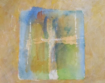 Cruciform 3. Contemporary cross image painting watercolor and acrylic on board. Gold and blue.