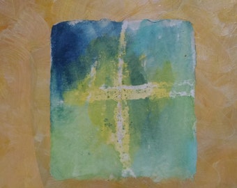Cruciform 2. Contemporary art. Painting of cross image on gold background.