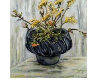 Orange and yellow flowers original oil painting: Floral Still Life in Grey Ikebana Vase. Wall decor.