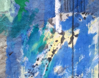 Abstract original art painting with collage on Japanese paper. blue and white