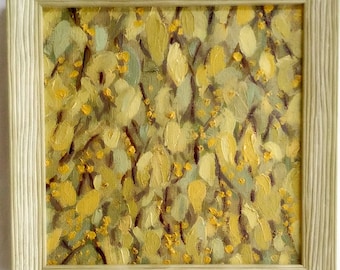 Framed small oil painting of fall leaves. Original abstract nature art. Yellow and green. Oil painting on linen.