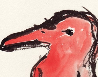 ink and watercolor original painting of a red crow