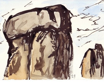 Three Stonehenge sketches. Original ink and watercolour drawings.