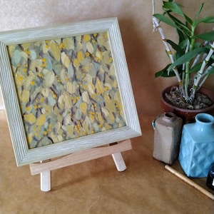 Framed small oil painting of fall leaves. Original abstract nature art. Yellow and green. Oil painting on linen.