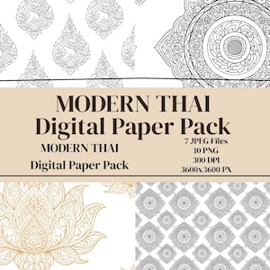 Luxury Thai Pattern Seamless Set – Traditional Thai Lotus & Mandala Line Art, Elegant Digital Paper
