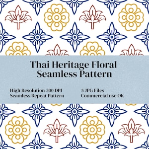 May include: A digital graphic featuring a Thai Heritage Floral Seamless Pattern with repeating blue, gold, and maroon flower motifs on a white background. A light blue horizontal band displays the text: Thai Heritage Floral Seamless Pattern, High Resolution 300 DPI, Seamless Repeat Pattern, 5 JPG Files, Commercial use OK.
