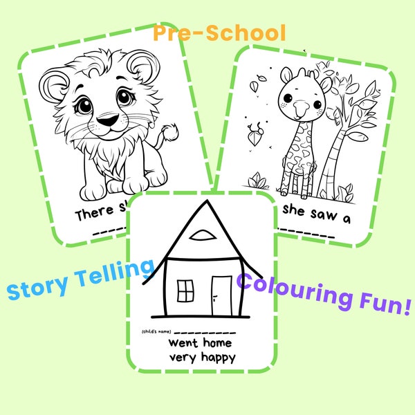 Colouring Pages for Pre-Schoolers, Children's Story Pages, Learn and Play, Home Learning Educational Material, Visit to the Zoo Story