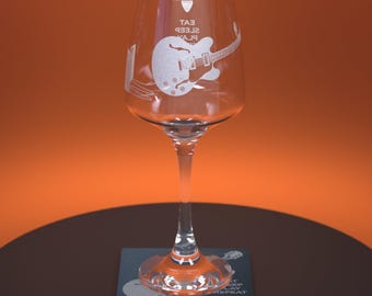 Electric Guitar Engraved 400ml Wine Glass With Matching Slate Coaster