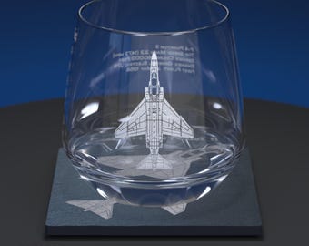 F-4 Phantom II Jet Aircraft Engraved Glass Whiskey Tumbler Set with Slate Coaster