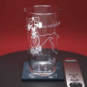 Formula 1 - Silverstone Engraved Pint Glass Set including Pint Glass, Coaster and Bottle Opener image 1