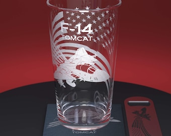 F-14 Tomcat with Flag Of The United States Of America Engraved Pint Glass Set With Slate Coaster & Stainless Steel Bottle Opener