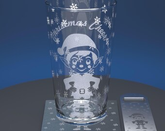 Christmas Elf Engraved Pint Glass Set with Slate Coaster & Stainless Steel Bottle Opener