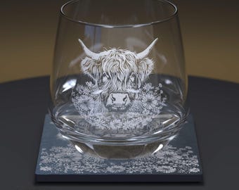 Highland Cow Engraved Glass Whiskey Tumbler and Slate Coaster Set