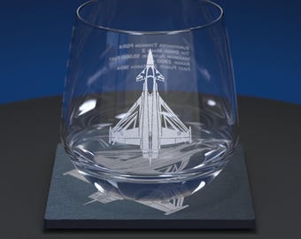 RAF Typhoon Blackjack Engraved Glass Whiskey Tumbler Set with Slate Coaster