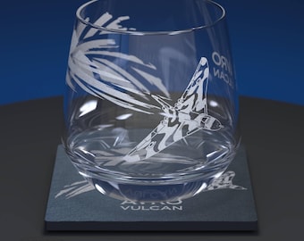 Avro Vulcan Bomber with UK Union Jack Flag Engraved Whiskey Glass Tumbler With Slate Coaster