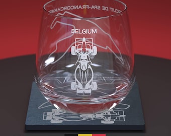 Juego de vaso de whisky y posavasos de pizarra con grabado del circuito de F1 de Spa-Francorchamps.