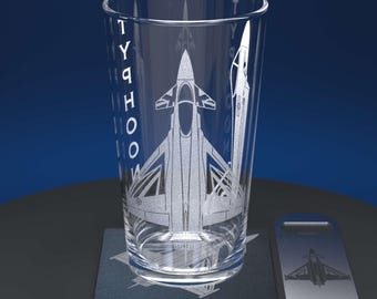 RAF Typhoon Blackjack Engraved Pint Glass Set with Slate Coaster & Stainless Steel Bottle Opener