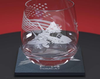 F-14 Tomcat with Flag Of The United States Of America Engraved Whiskey Glass Tumbler & Slate Coaster