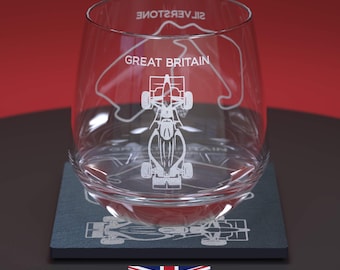 Fórmula 1 - Juego de vaso de cristal grabado y posavasos de pizarra Silverstone