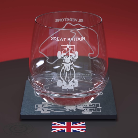 Formula 1 - Silverstone Engraved Glass Tumbler and Slate Coaster Set