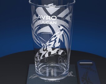 Avro Vulcan Bomber with UK Union Jack Flag Engraved Pint Glass Set including Pint Glass, Slate Coaster and Steel Bottle Opener