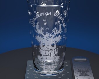 Christmas Reindeer Engraved Pint Glass Set with Slate Coaster & Stainless Steel Bottle Opener