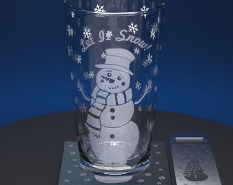 Christmas Snowman Engraved Pint Glass Set with Slate Coaster & Stainless Steel Bottle Opener