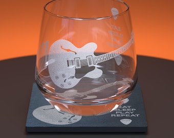 Guitar Engraved Glass Tumbler and Slate Coaster Set