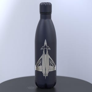 May include: Navy blue insulated water bottle featuring a silver airplane design. The stainless steel bottle has a screw-on cap. The airplane graphic is centered on the bottle. The bottle is designed to keep drinks cold.