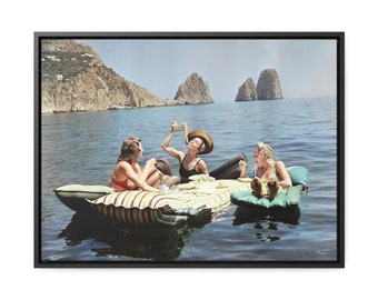 Women Eating Pasta On Water, Eating Spaghetti on Lake Print, Colored Vintage Wall Art, Funny Picnic On Floaties Poster, Ocean Wall Decor