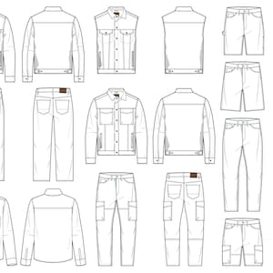 May include: A set of 15 line drawings of different styles of denim jackets and pants. The drawings are in black and white and show the front and back views of each garment.