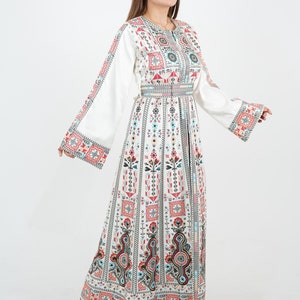 Embroidery Thobe Tatreez Dress in White and Multicolor