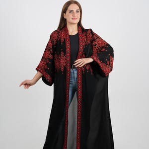 Modern Palestinian Embroidery See-through Abaya - Black and Red
