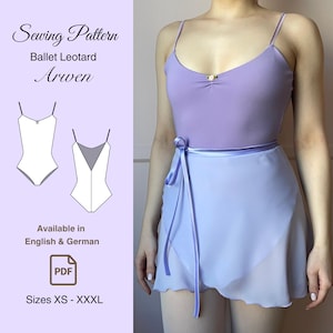 Peut inclure: Un patron de couture pour un justaucorps de ballet appelé "Arwen". Le patron est disponible en anglais et en allemand et comprend les tailles XS à XXXL. L'image montre un mannequin portant un justaucorps violet et une jupe bleu clair.