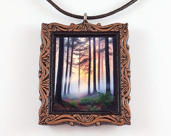 Foggy Woods Pendant Necklace - Misty Forest Fabric Print Pendant