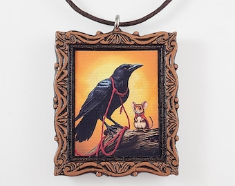 Jeremy Crow & Mrs Brisby Secret of NIMH Fantasy Framed Pendant, Cottagecore Fabric Print Necklace