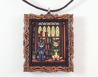Wizard Cat Library Necklace - Fantasy Adventure Fellowship Fabric Art Pendant
