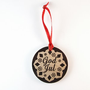 Swedish Snowflake God Jul (Merry Christmas) Laser Burned Wooden Christmas Ornament